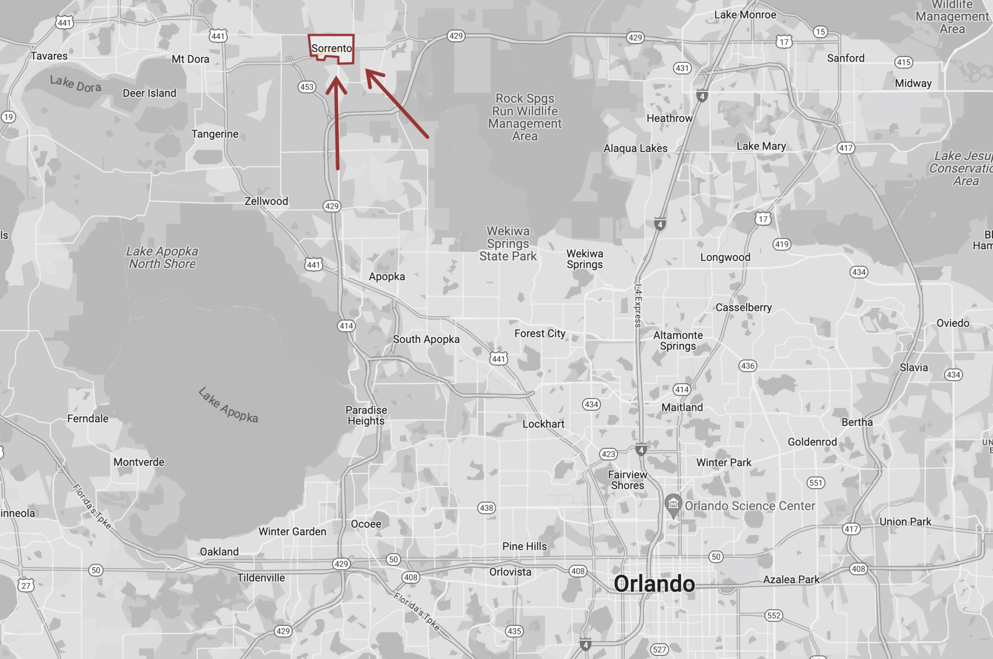 map of orlando with sorrento highlighted